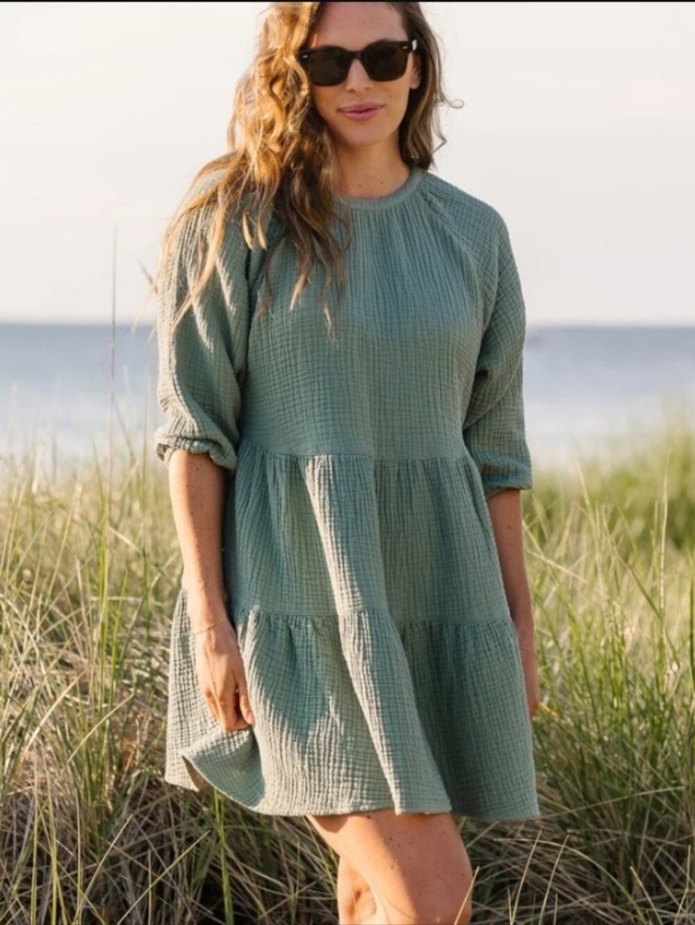 Alice Walk Organic Cotton Triple Gauze Tiered Dress Sage Moss Green XL NWT